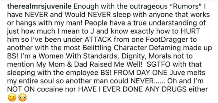 Shadonna Jones responds to affair and drug rumors about her marriage to Juvenile on Instagram.