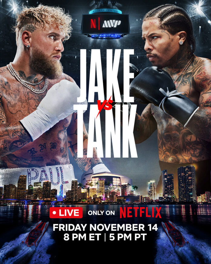 jake-paul-vs-gervonta-tank-davis-netflix-key-art. Official key art featuring Jake Paul and Gervonta “Tank” Davis promoting their Netflix boxing showdown at Miami’s Kaseya Center