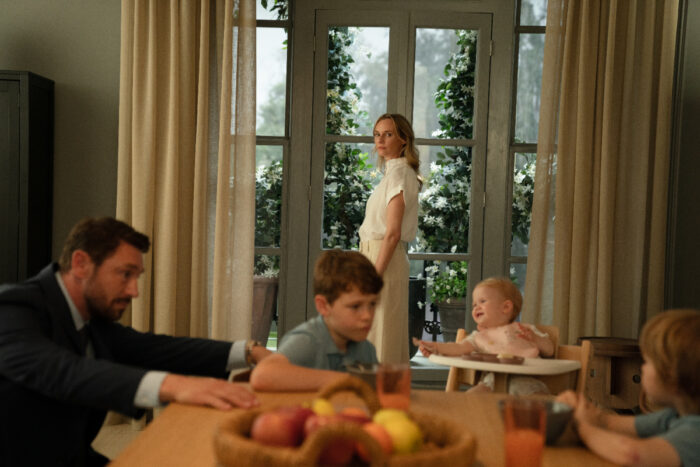 (L–R): Ed Carrisford (JJ Feild), Kit (Jago), Jess Carrisford (Diane Kruger), Baby Betsey (Petra), and Frankie (Jax) in “Little Disasters.”
