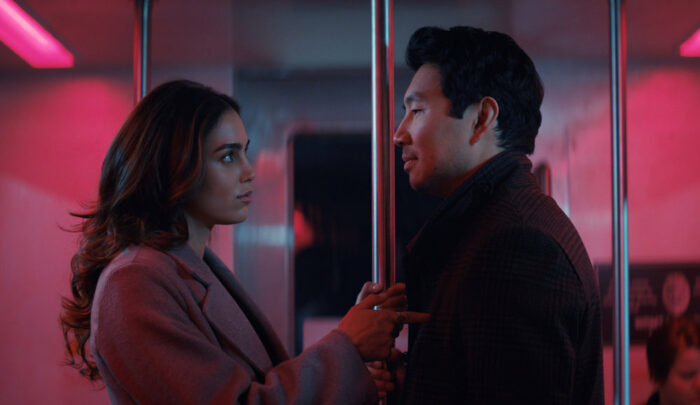 Melissa Barrera as Michelle and Simu Liu as Alexander in “The Copenhagen Test” Episode 101 on Peacock.