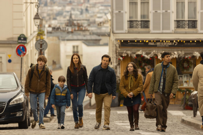 Van Crosby, Peter Lindsey, Michelle Monaghan, Mark Wahlberg, Zoe Colletti, and Reda Elazouar in “The Family Plan 2,” premiering November 21, 2025, on Apple TV+.