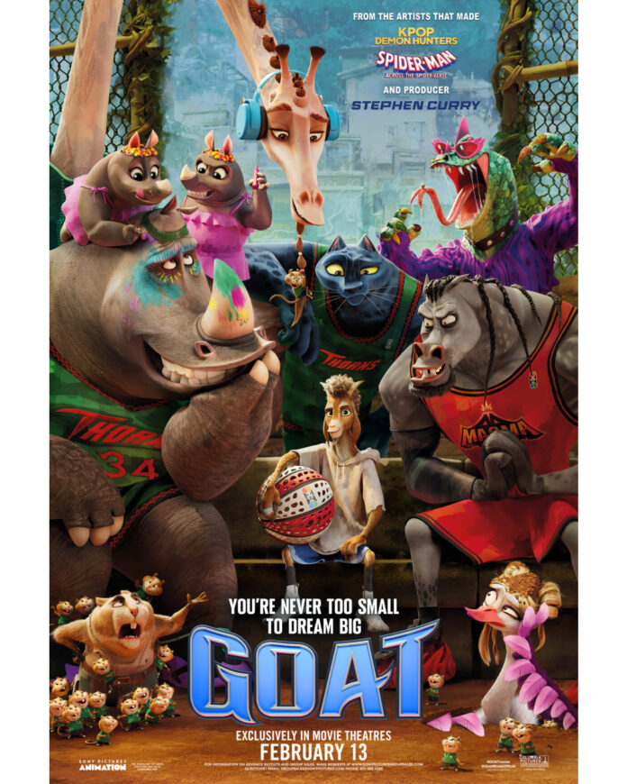 Official GOAT movie poster announcing the teaser trailer and 2026 theatrical release.