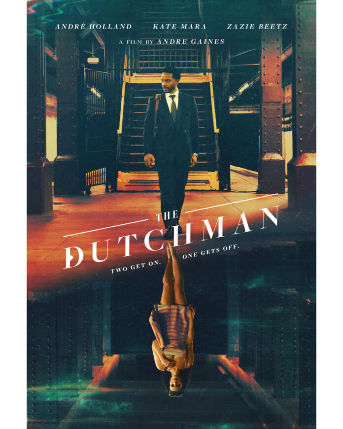 'The Dutchman' movie poster showing André Holland on a subway platform with an upside down reflection of Kate Mara below him.