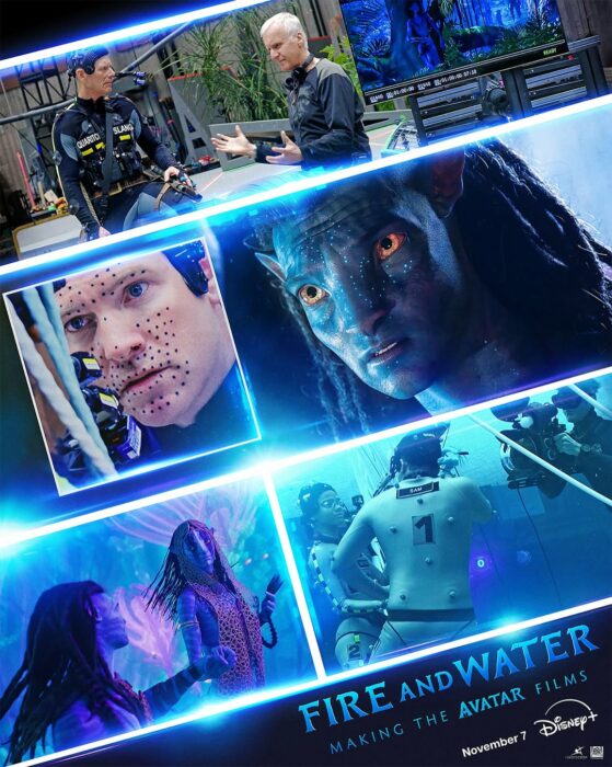 Key art for Disney Plus documentary “Fire and Water: Making the Avatar Films” streaming November 21, 2025