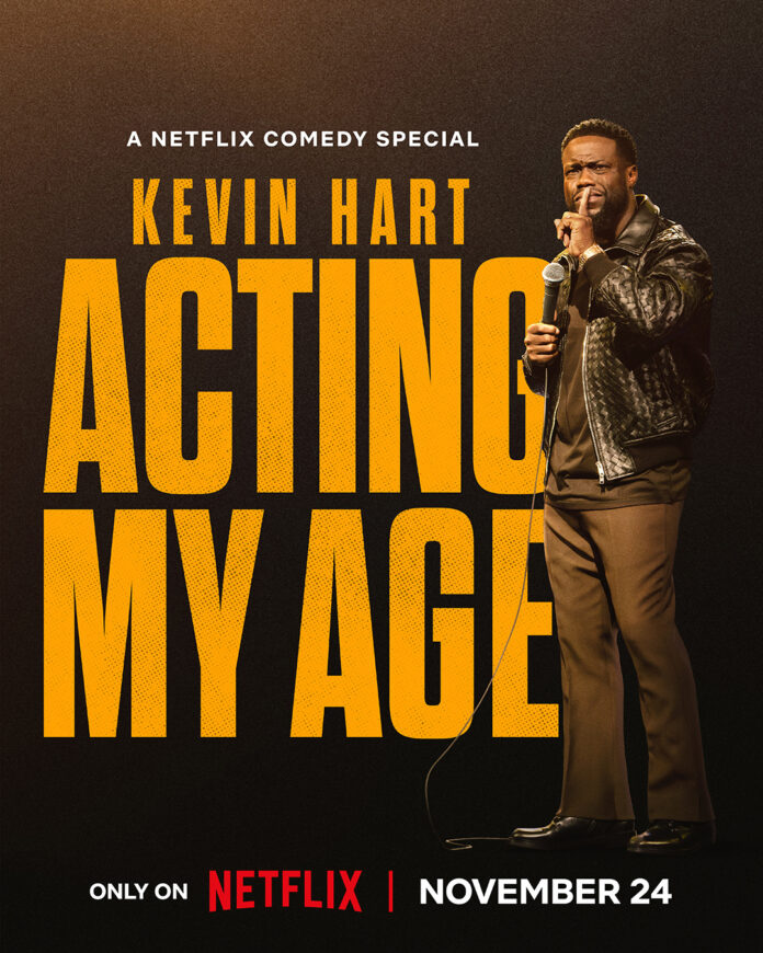 kevin-hart-acting-my-age-netflix-key-art Kevin Hart stands onstage in the key art for his Netflix comedy special “Acting My Age,” delivering high-energy stand-up.