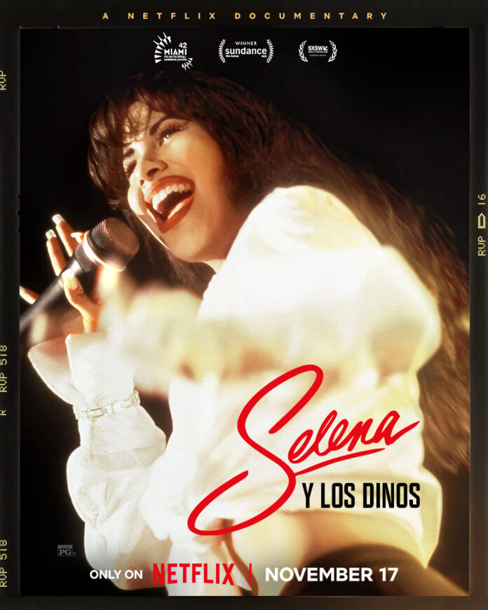 selena-y-los-dinos-a-familys-legacy-key-art-netflix Key art for “Selena y Los Dinos: A Family’s Legacy” featuring Selena Quintanilla in archival imagery from the Netflix documentary