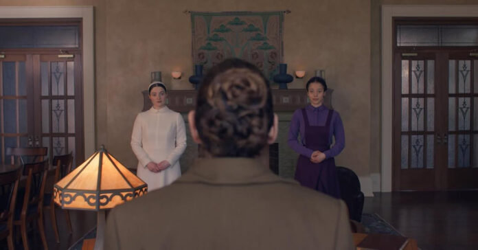 Chase Infiniti and Lucy Halliday appearing in a first look image from Hulu series “The Testaments.”