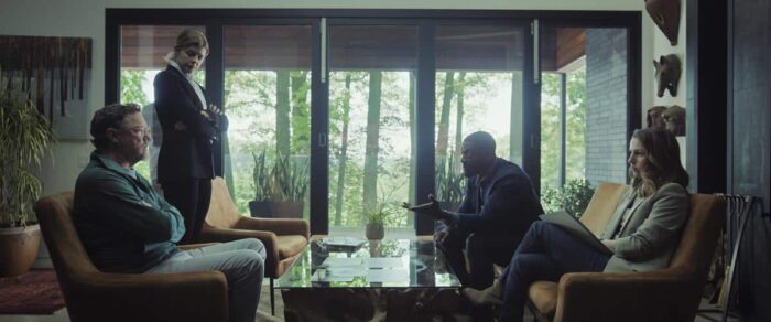 Matthew Lillard as Lance Durand, Lou Jurgens as Nat Gancarz, Alona Tal as Kayla Craig, and Aldis Hodge as Alex Cross in a first look image from “Cross” Season 2 on Prime Video, photographed by Ian Watson.