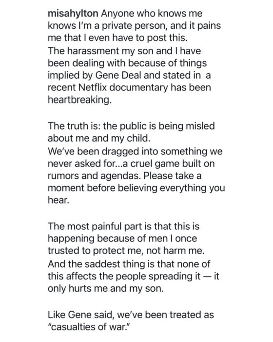 Misa Hylton responds to “Sean Combs: The Reckoning” and Gene Deal’s claims after harassment toward her and Justin intensifies online.