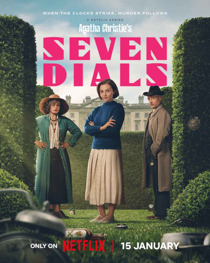 Key art for “Agatha Christie’s Seven Dials,” the Netflix period mystery set in 1920s England premiering January 15.