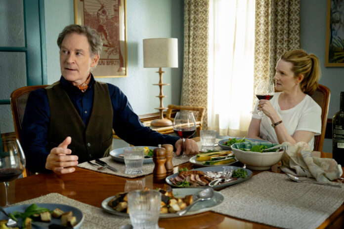 Kevin Kline as Broadway star Richard Bean and Laura Linney in MGM+ comedy series “American Classic” first look image