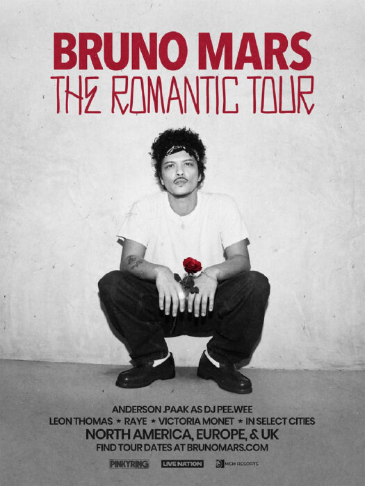 Bruno Mars poses on the official poster for The Romantic Tour 2026, promoting his global stadium tour in support of his new album.
