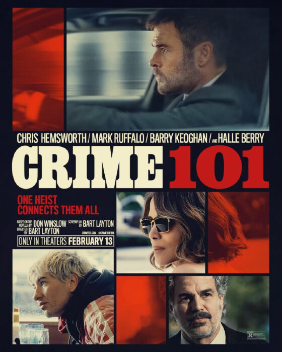 'Crime 101' movie poster featuring Chris Hemsworth, Halle Berry, and Mark Ruffalo in the 2026 crime thriller set in Los Angeles