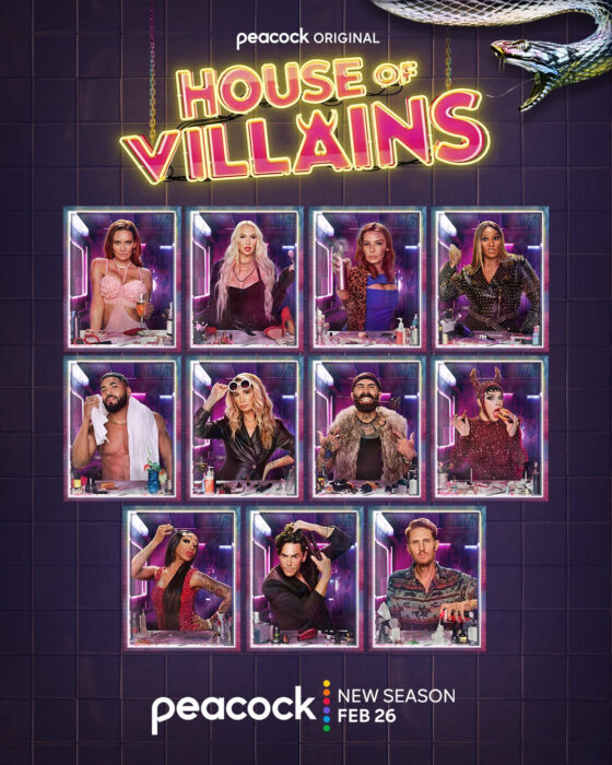 “House Of Villains” Season 3 Peacock key art featuring host Joel McHale and reality competition cast
