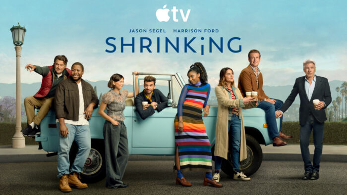 Shrinking Season 3 key art on Apple TV highlighting the comedy drama series about grief, therapy, and healing