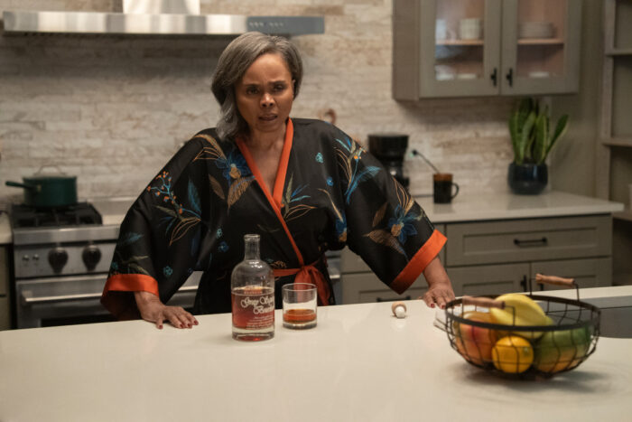 Debbi Morgan in a tense moment from Tyler Perry’s Beauty In Black Season 2 Part 2