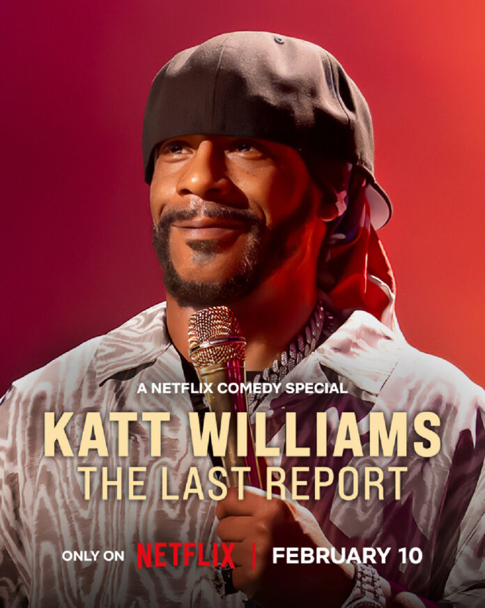 Katt Williams performing stand-up comedy in “The Last Report” Netflix special