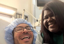 Gabourey Sidibe’s Husband Brandon Frankel Reveals Thyroid Cancer And Says Advocating For Himself Saved His Life Brandon Frankel in hospital bed recovering from thyroid cancer surgery with wife Gabourey Sidibe by his side smiling and holding him