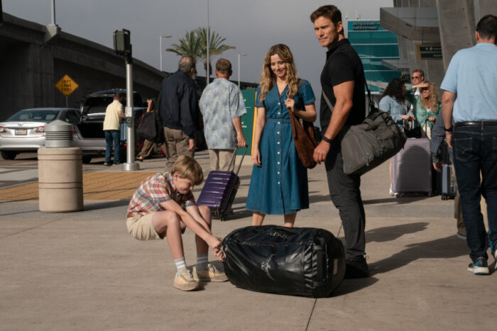 Chris Pratt, Linda Cardellini, and Jude Hill in a scene from "Way Of The Warrior Kid" on Apple TV