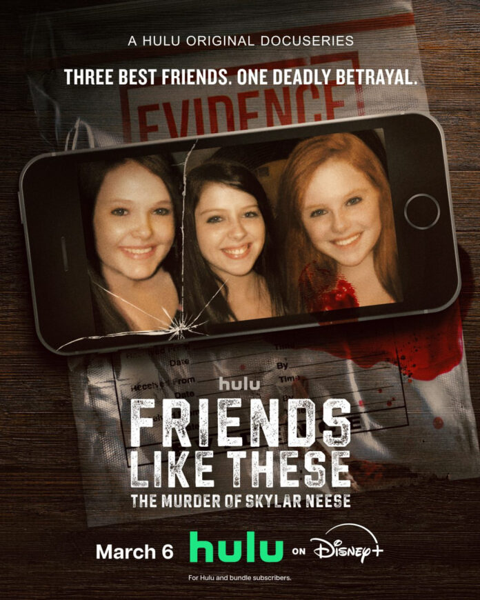 Key art for “Friends Like These: The Murder of Skylar Neese” on Hulu featuring a haunting portrait of Skylar Neese against a dark, moody backdrop.