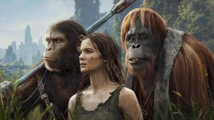 Kingdom of the Planet of the Apes film still showing apes in futuristic world