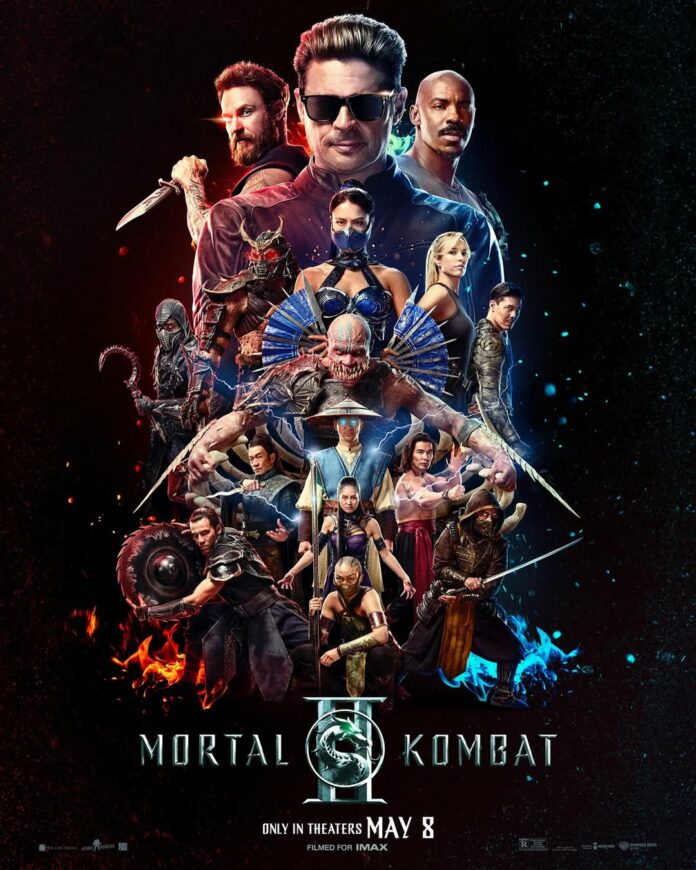 Official movie poster for Mortal Kombat II featuring the iconic dragon emblem and dark, metallic branding ahead of the May 8, 2026 theatrical release.