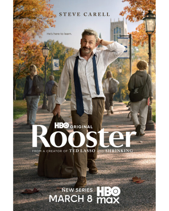 Key art for Rooster on HBO Max starring Steve Carell in a college campus comedy about family tension