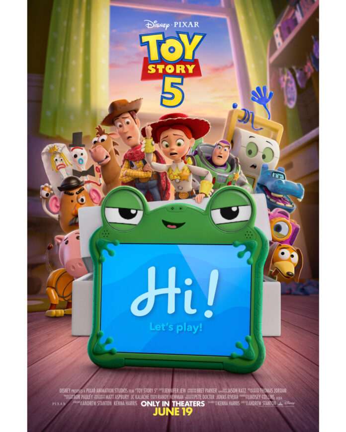 Official poster for Disney and Pixar’s Toy Story 5 featuring Woody, Buzz Lightyear, Jessie and the gang facing new tech challenges.