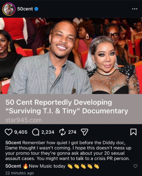 50 Cent hints at a “Surviving T.I. & Tiny” documentary and warns T.I. to hire crisis PR as old allegations resurface.
