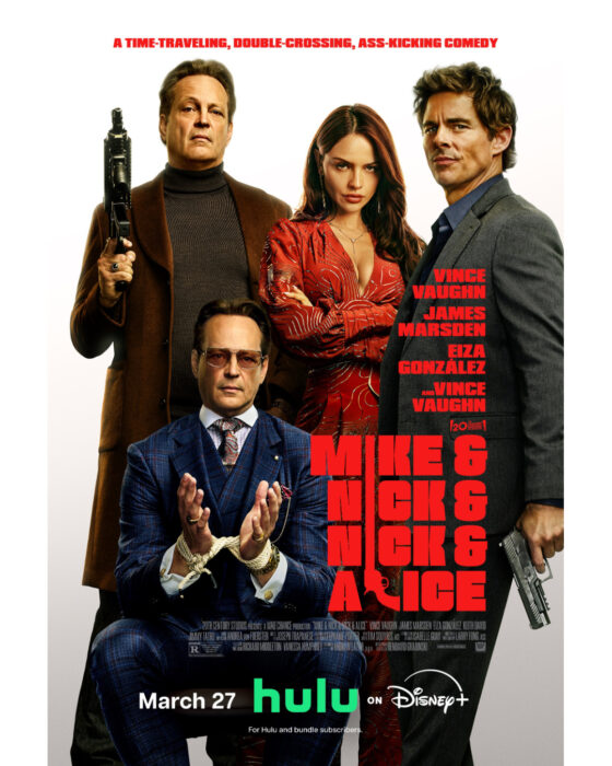 Vince Vaughn, James Marsden, and Eiza González in action-comedy “Mike & Nick & Nick & Alice” key art