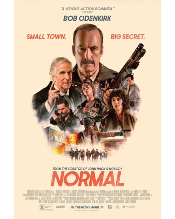 Poster for “Normal” (2026) featuring Bob Odenkirk as a small-town sheriff uncovering dark secrets after a bank robbery