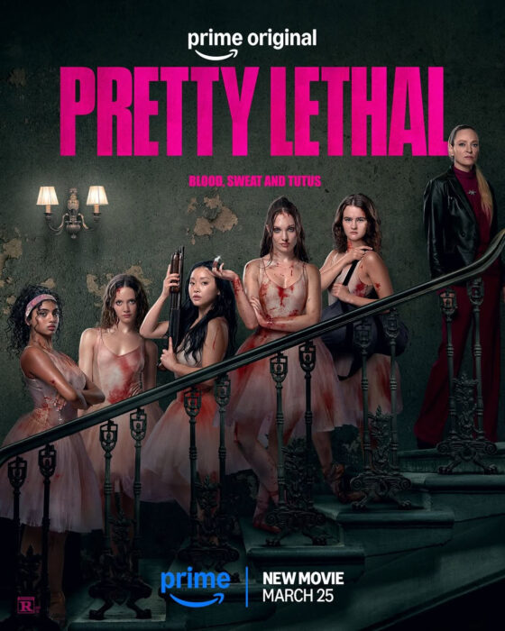 Pretty Lethal Prime Video key art featuring Uma Thurman and five ballerinas in a thriller setting
