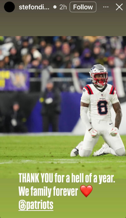 Stefon Diggs Instagram Story thanking the New England Patriots after reports of his release and return to free agency.