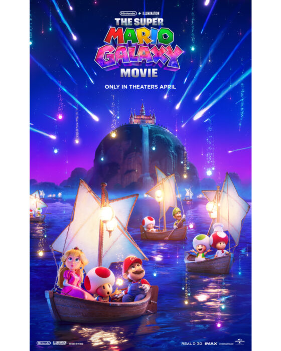 Poster for “The Super Mario Galaxy Movie” (2026) showing Mario exploring colorful cosmic worlds in space