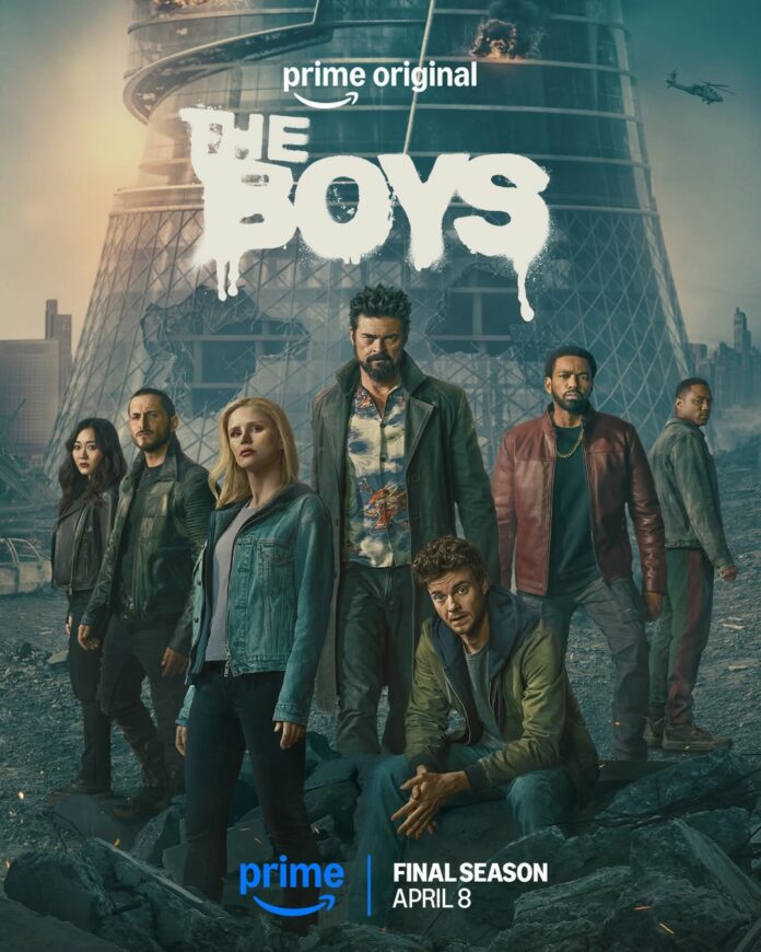 Key art for “The Boys” Season 5 on Prime Video featuring Homelander standing front and center as the series heads into its final season.