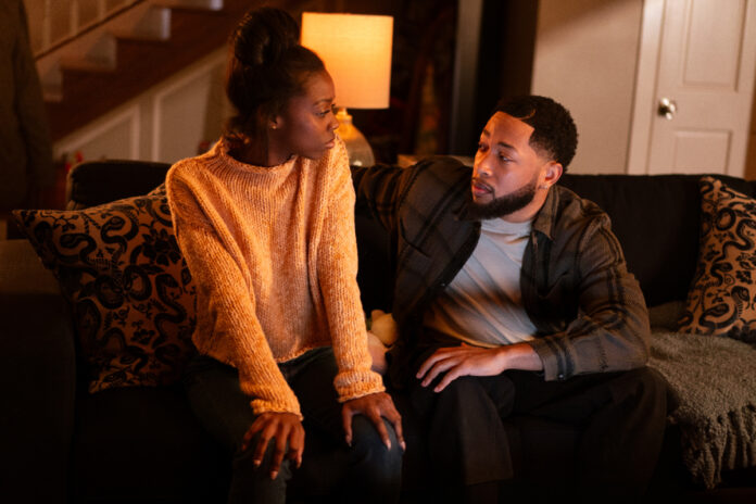 Birgundi Baker as Kiesha and Jacob Latimore as Emmett in “The Chi” Season 8 on Paramount+
