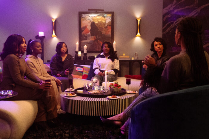 Wendy Raquel Robinson, Birgundi Baker, Hannaha Hall, Zaria Imani Primer, Karrueche Tran, and Kyla Pratt in “The Chi” Season 8 on Paramount+