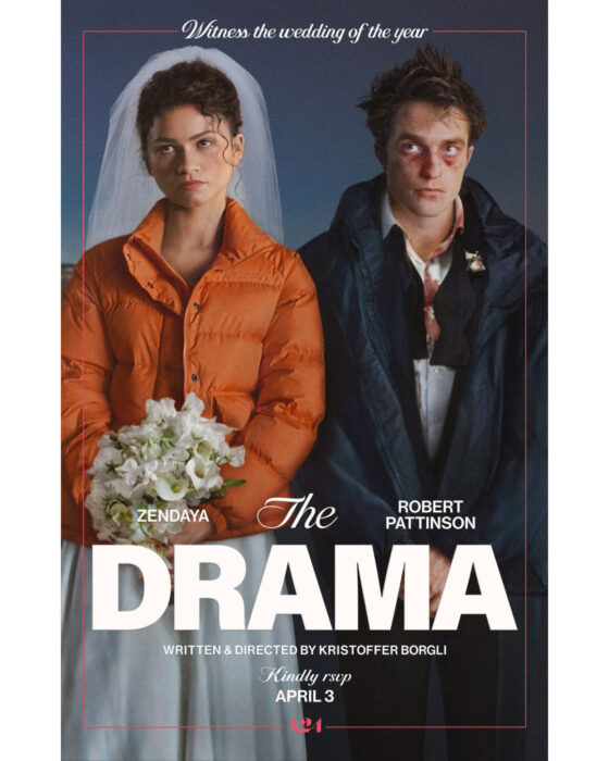 Poster for “The Drama” (2026) featuring a couple whose wedding week spirals into unexpected chaos