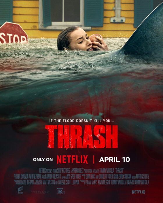 Thrash Netflix 2026 horror film key art featuring hurricane chaos and deadly sharks