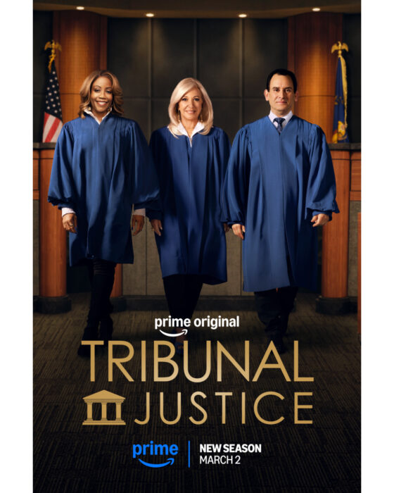 Tribunal Justice Season 3 key art featuring Judges Patricia DiMango, Tanya Acker, and Adam Levy on Prime Video