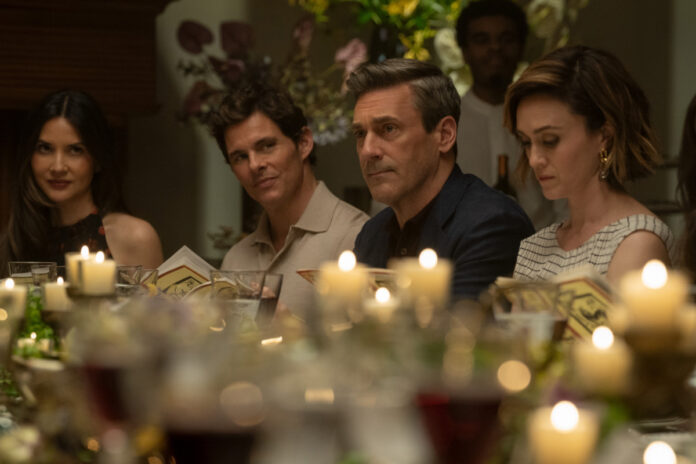 Olivia Munn, James Marsden, Jon Hamm, and Heather Lind in "Your Friends & Neighbors," premiering April 3, 2026 on Apple TV