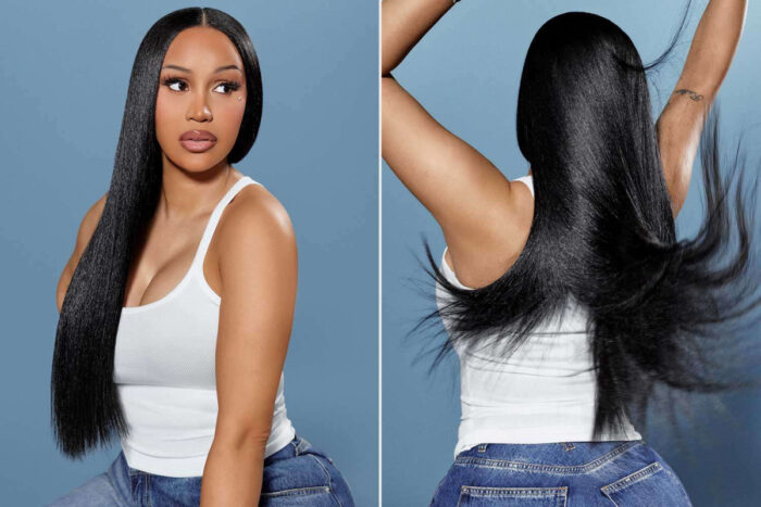 Cardi B in promotional campaign for Grow-Good Beauty haircare line highlighting healthy hair and shine