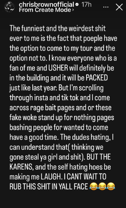 Chris Brown Instagram Story addressing fake woke critics of the R&B Tour 2026 and defending fans attending the stadium tour