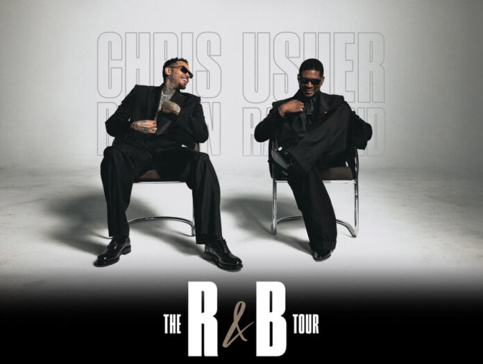 Chris Brown and Usher pose in black suits for the R&B Tour 2026 Raymond and Brown Tour official promo image