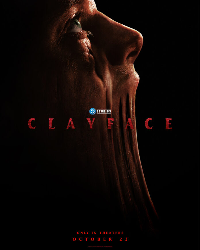 Close-up of a man’s face melting into clay with a haunting expression in the “Clayface” teaser poster, DC Studios horror thriller releasing October 23, 2026.