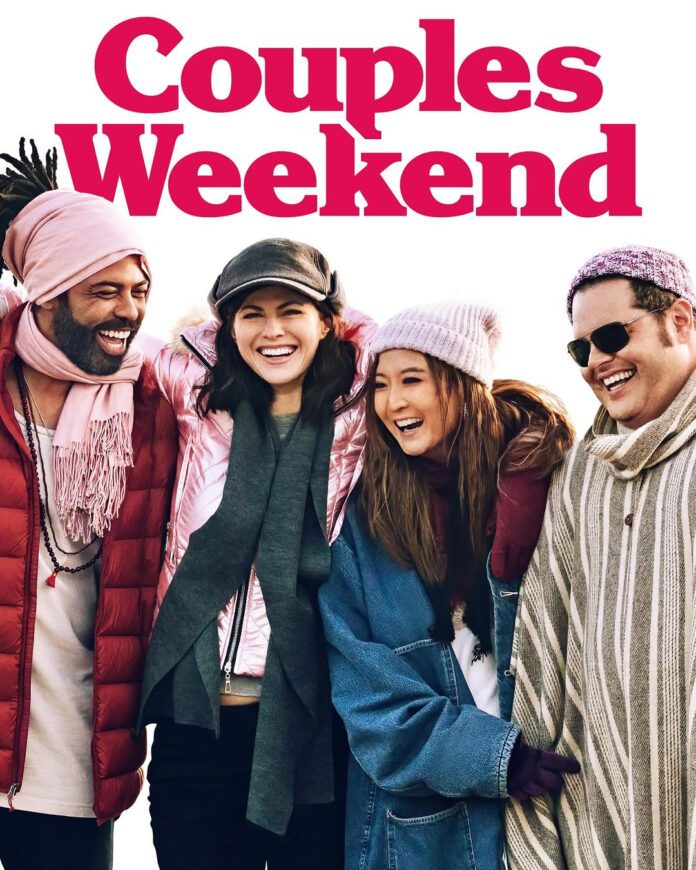 “Couples Weekend” movie poster featuring Alexandria Daddario, Daveed Diggs, Josh Gad, and Ashley Park trapped in a snowy cabin during a blizzard