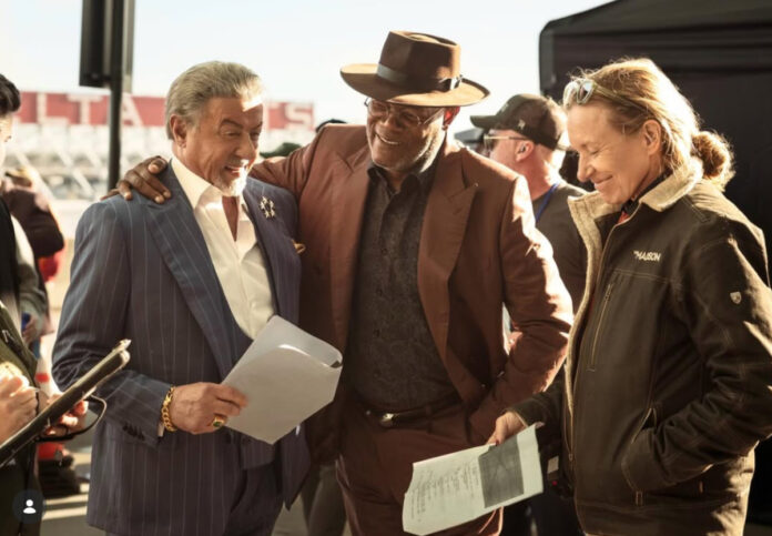 Samuel L. Jackson and Sylvester Stallone on set of “Frisco King” spinoff for Paramount+ during production in Texas
