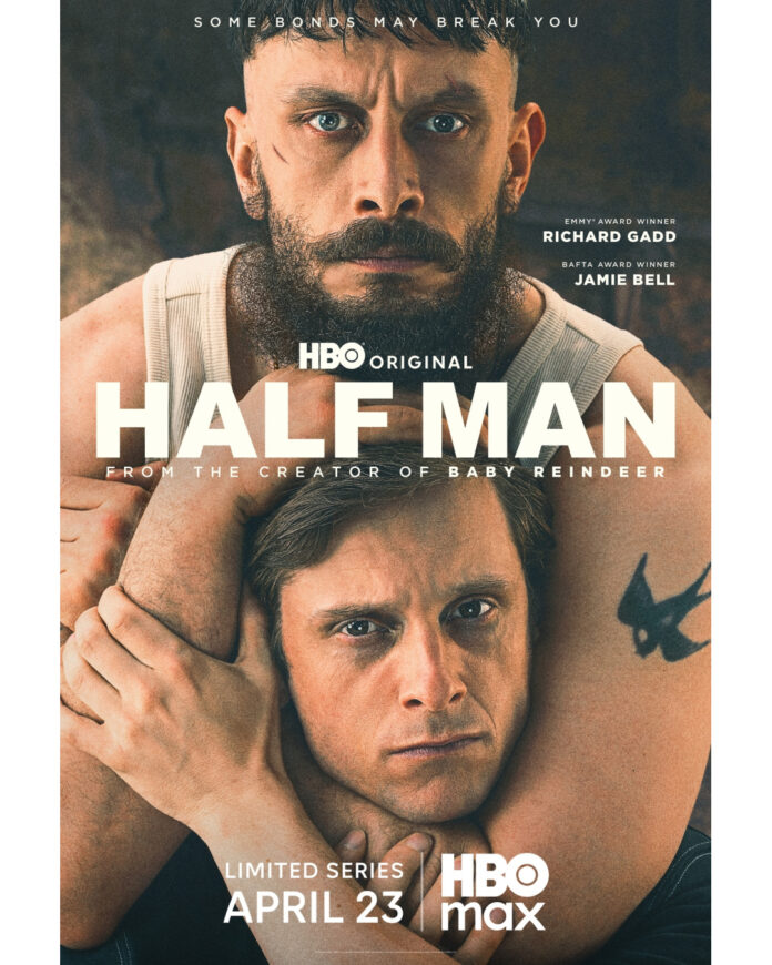 Key art for “Half Man” HBO limited series featuring Richard Gadd and Jamie Bell in a dark, dramatic tone