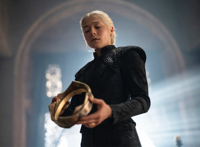 Emma D’Arcy as Rhaenyra Targaryen holding a crown in “House Of The Dragon” Season 3 on HBO and HBO Max