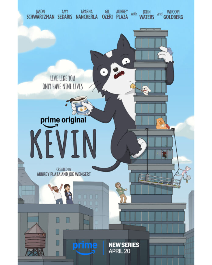 Key art for “Kevin” on Prime Video featuring the cat Kevin navigating life after a breakup in this heartfelt comedy series